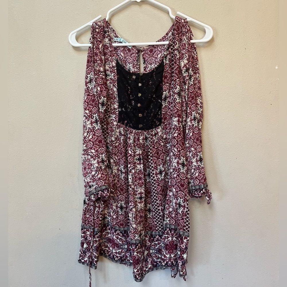 Boho Floral Mini Dress Burgundy Cottagecore Flowy Tie Back Medium - Picture 5 of 11
